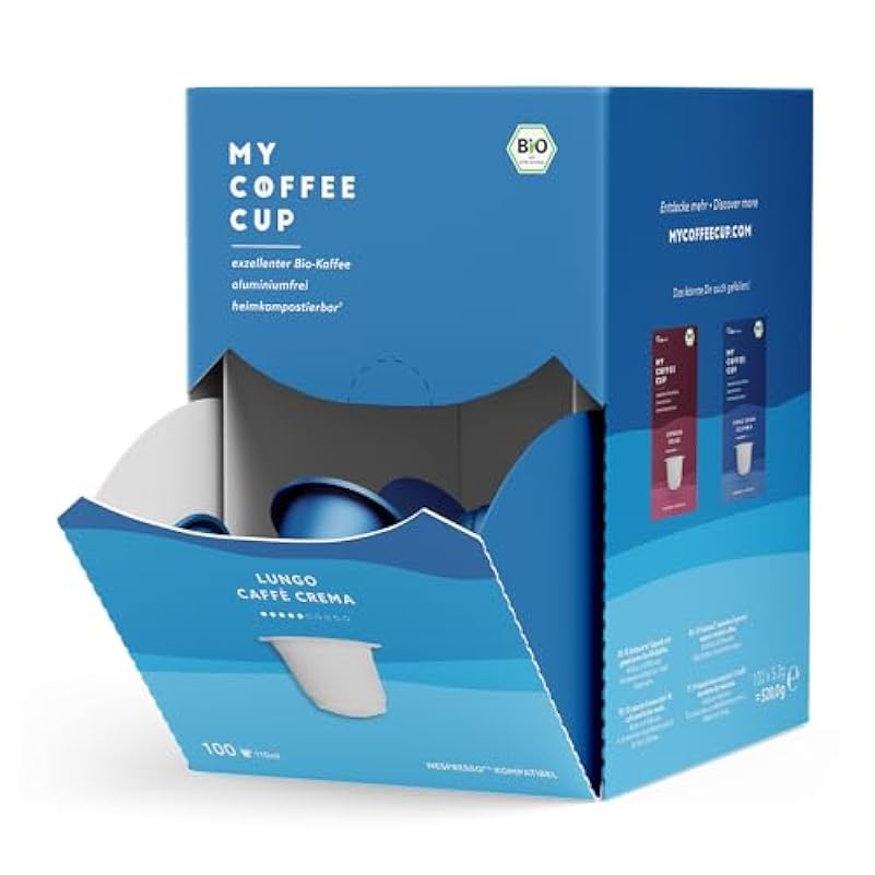 My Coffee Cup Mega Box Caffè Biologico in Capsule Lungo Caffè Crema - Compatibili con Macchine Nespresso®³ - Chicchi Premium, Gusto Intenso – Compostabile² e Senza Alluminio - 100pz