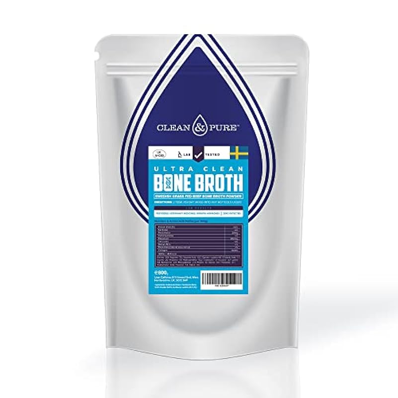 Clean and Pure Polvere di Brodo di Ossa 800g |Prodotto in Svezia | Beef Bone Broth Polvere Proteica Testato in Laboratorio UK | Proteine di Manzo 95% & Collagene Idrolizzato | Brodo di Ossa Grass Fed