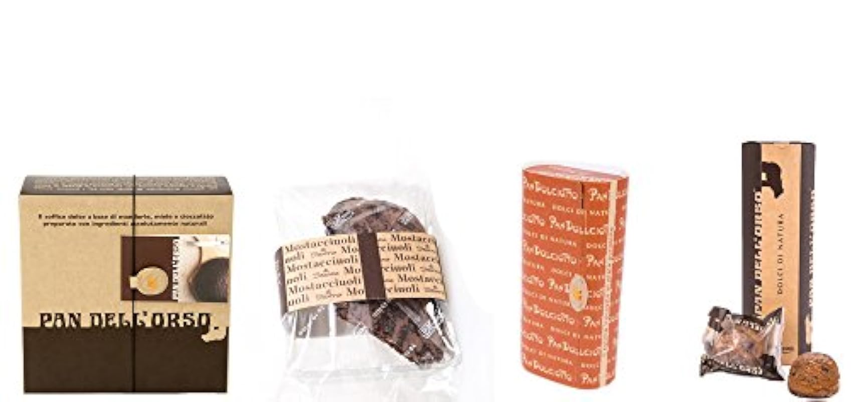 Pan dell´Orso ricoperto di Cioccolato, Mostacciuoli di Scanno,Pandolciotto e Tubo snack con gocce di cioccolato