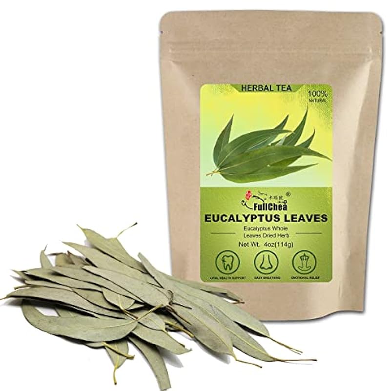FullChea - Foglie di eucalipto essiccate - 4oz/114g - Hojas de Eucalipto - Foglia intera di eucalipto cinese di alta qualità - Non-OGM - Senza caffeina - Supporto per la respirazione facile