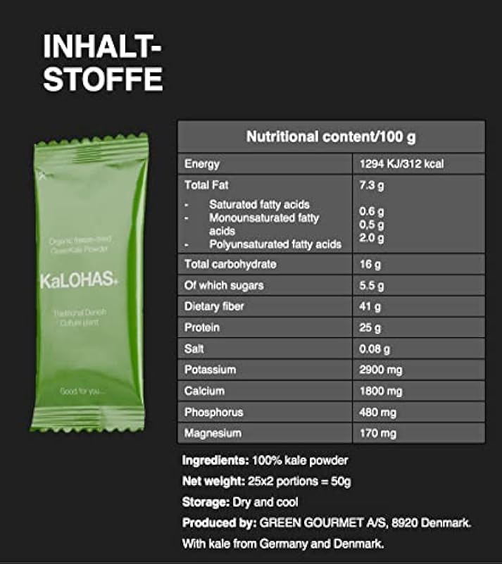 KaLOHaS+ - Polvere di cavolo riccio bioattivo - liofilizzato delicatamente - 100% cavolo - Senza OGM - vegano amichevole - Confezionato in porzione