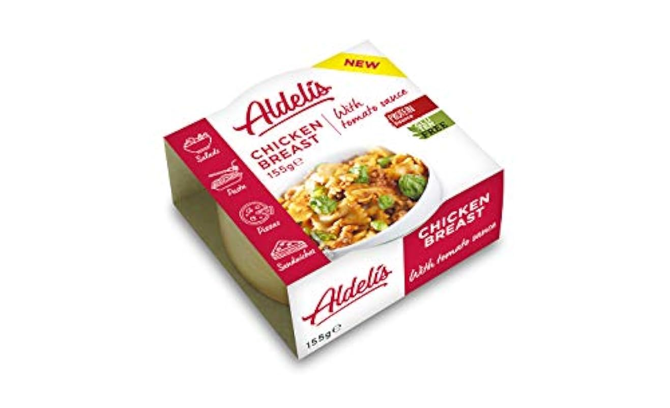 Aldelís sani scatola Petto di pollo con pomodoro pronto a mangiare ideale per insalata e panini idee 26% di proteine, 98% grasso libero e basso contenuto di zuccheri - Pacchetto di 12 x 155 gr