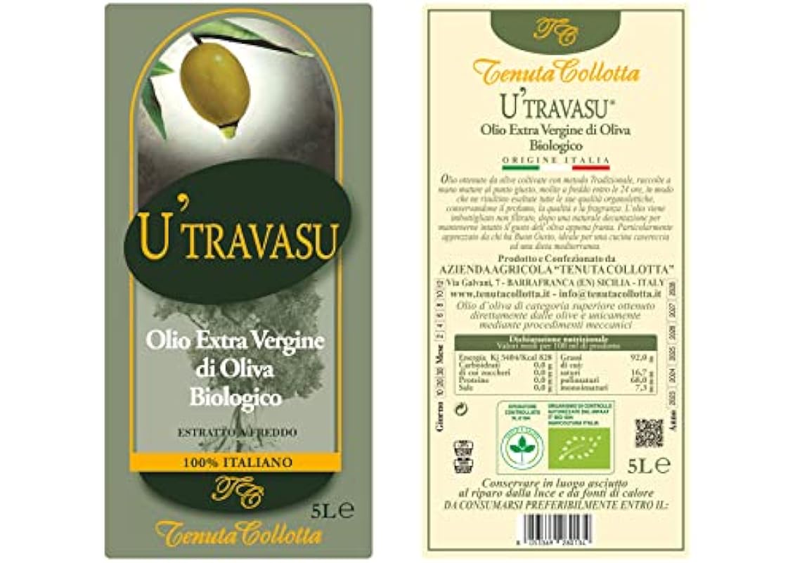 U´Travasu® - Olio extravergine di oliva Biologico latta 5l - 100% italiano - Prodotto in Sicilia - Estratto a freddo
