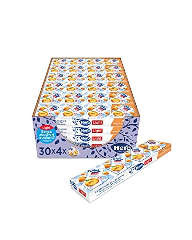 Hero Light Poker Confettura di Albicocche Light, 30 Confezioni da 80g (4 monodosi x 20g), Marmellata Extra, Frutta di Alta Qualità, Senza Conservanti e Senza Coloranti, Pochissime Calorie