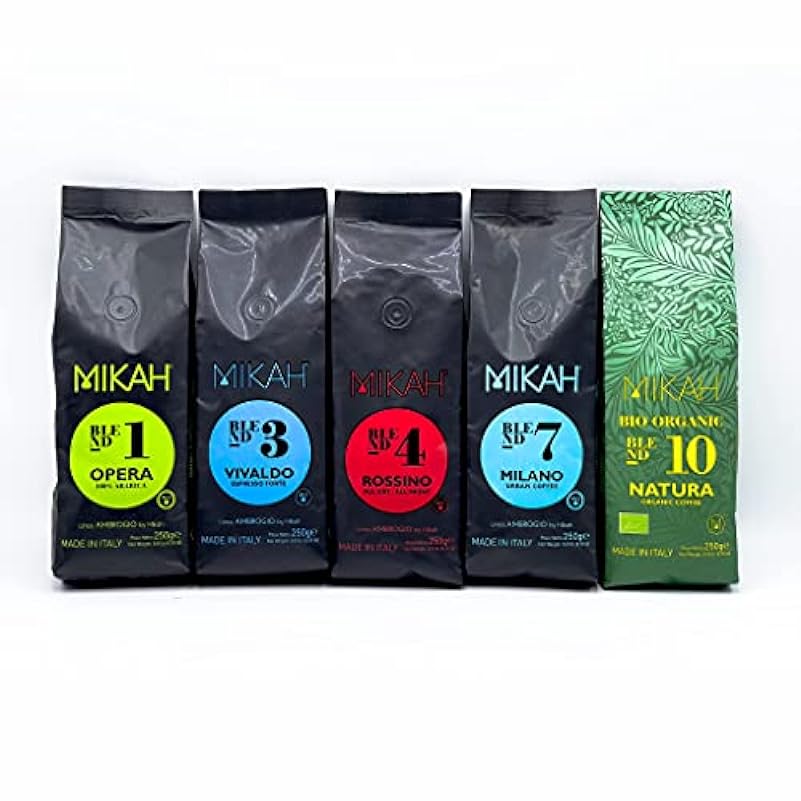 Kit Degustazione Caffè Espresso Mikah: 5 differenti Miscele da 250g in grani o macinato + set di 2 Tazzine da bar in Omaggio (In Grani)