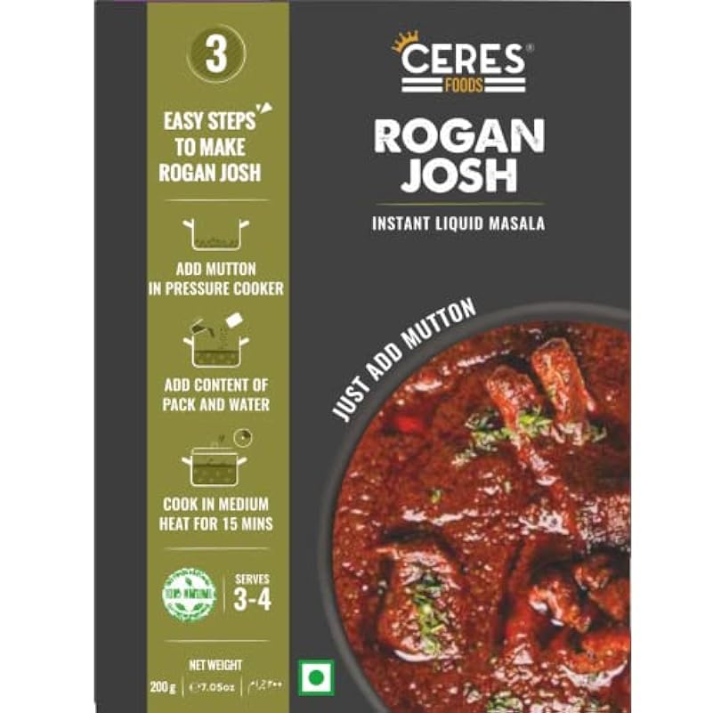 CERES FOODS Indian Kashmiri Rogan Josh Instant Liquid Masala Simmer Sauce Famous Mutton Curry from Kashmir India Just Add 35 Ounces of Mutton or Choice of Protein with the Curry, 200 gm