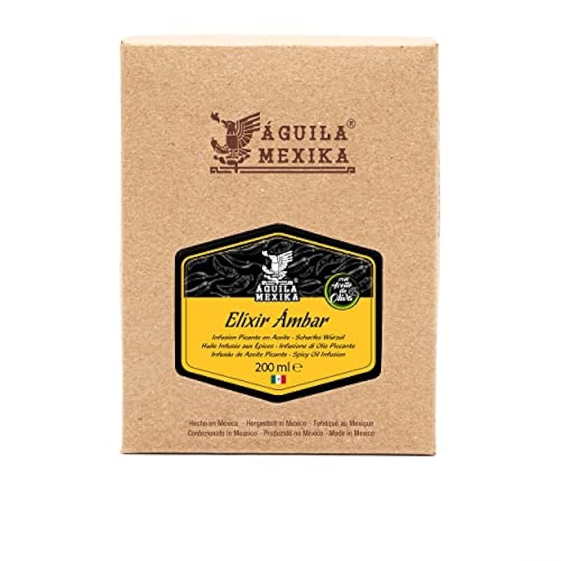 ÁGUILA MEXIKA® | 4-Pack Elíxir Ámbar - Infusione naturale di Olio Piccante di 3 varietà di peperoncino messicano: ´Chipotle´, ´Morita´ & ´Rojo de Árbol´, e Aglio, in Olio Vergine d´Oliva.