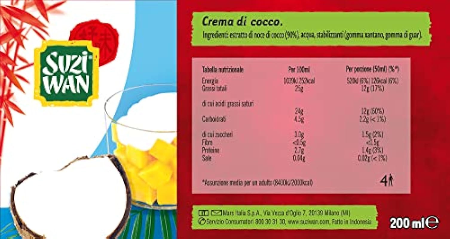 Suzi Wan Crema di Cocco, Ideale per piatti tipici Asiatici e non solo, 12 pratiche confezioni da 200ml ognuna