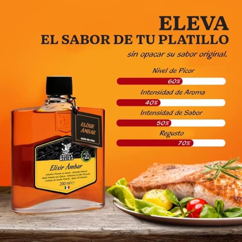 ÁGUILA MEXIKA® | 4-Pack Elíxir Ámbar - Infusione naturale di Olio Piccante di 3 varietà di peperoncino messicano: ´Chipotle´, ´Morita´ & ´Rojo de Árbol´, e Aglio, in Olio Vergine d´Oliva.