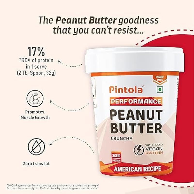 Pintola American Recipe Performance Series Peanut Butter, Crunchy, 510gm, Vegan Protein 32% Protein High Protein & Fiber