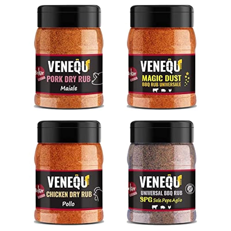 VENEQU BBQ DRY RUBs Gourmet Set #2 (150gr x 4 RUBs) Made in Italy | 1 x Pork Rub, 1 x Chicken Rub, 1 x SPG Rub e 1 Magic Dust Rub