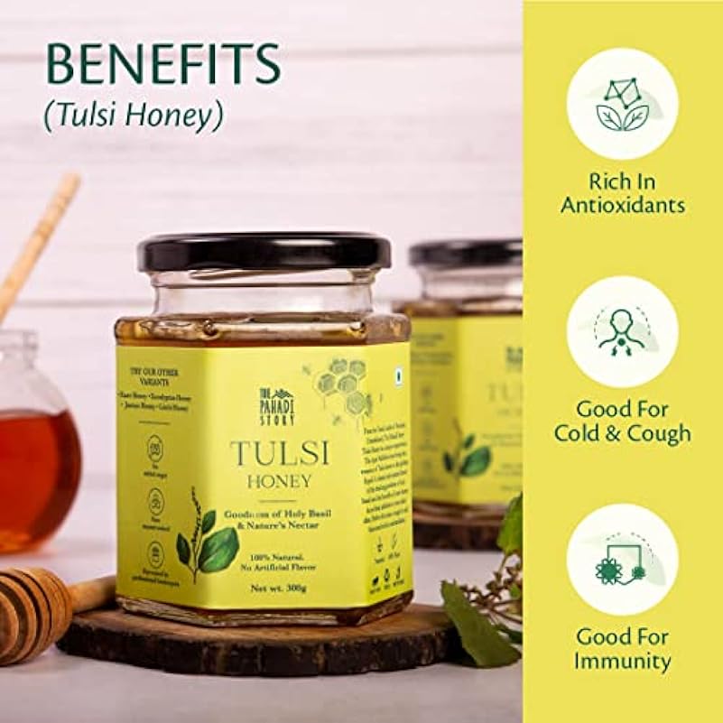 The Pahadi Story Tulsi Honey 300gm, Raw and Unfiltered Honey with the Goodness of Holy Basil, 100% Natural Lab Tested Honey In Glass Bottle