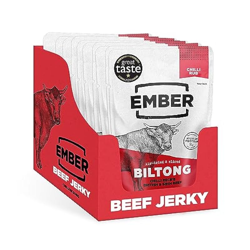 Ember Snacks - Biltong Beef Jerky (28g x 10 Chilli ricco di proteine, ipocalorico. Spuntino Senza Glutine A Basso Contenuto Di Grassi Da Portare Carne Di Manzo Irlandese E Britannica (Chilli)