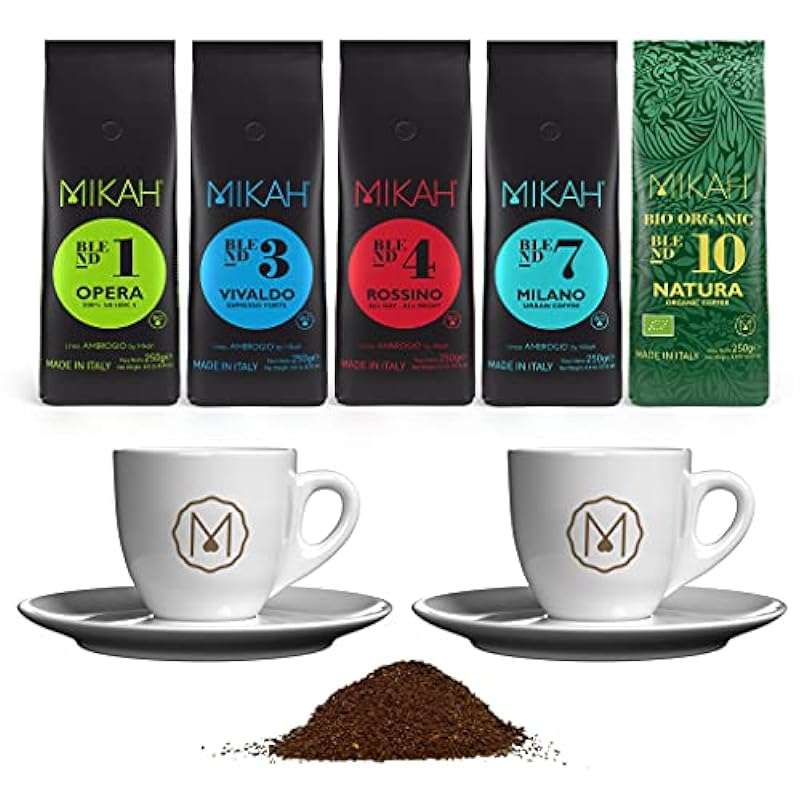 Kit Degustazione Caffè Espresso Mikah: 5 differenti Miscele da 250g in grani o macinato + set di 2 Tazzine da bar in Omaggio (In Grani)