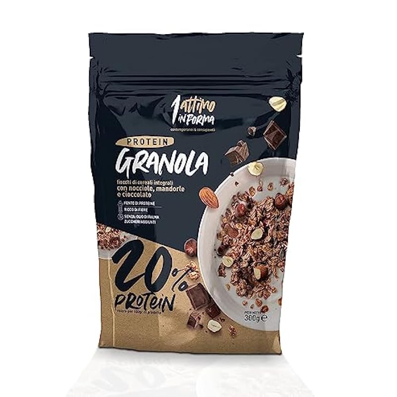 1 Attimo in Forma | Granola Proteica Cereali Muesli - 20% Proteine 300gr Senza Zuccheri Aggiunti Croccante Colazione Nutriente (Cioccolato Mandorla e Nocciola, 8 Pezzi)