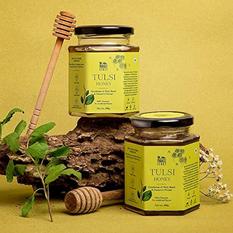 The Pahadi Story Tulsi Honey 300gm, Raw and Unfiltered Honey with the Goodness of Holy Basil, 100% Natural Lab Tested Honey In Glass Bottle