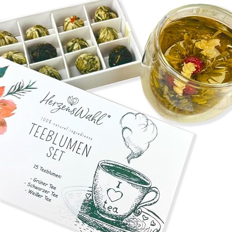 HerzensWahl Set regalo con fiori di tè, 15 fiori di tè, tè bianco, tè verde e tè nero, in scatola da tè, set da prova, fiori da tè, set per amanti del tè, con confezione regalo