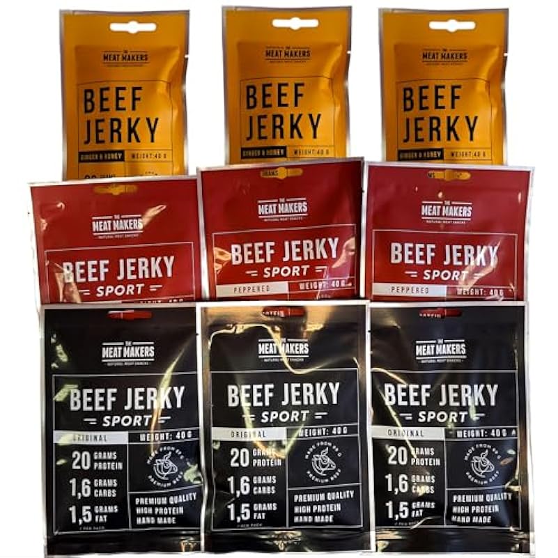 THE MEAT MAKERS 100% Sport Beef Jerky Mix (9 x 40g), Carne Essiccata Bovina per lo Sport, Carne Secca Striscia Proteica