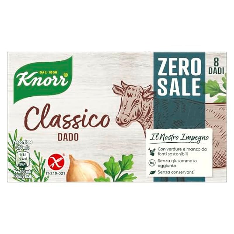 Knorr Dado Classico Zero Sale, Dado Con Verdure e Manzo da Fonti Sostenibili, Senza Sale, Ideale per Diete Povere di Sodio, Senza glutine, Lattosio, Coloranti e Conservanti, 24 Confezioni da 8 Dadi