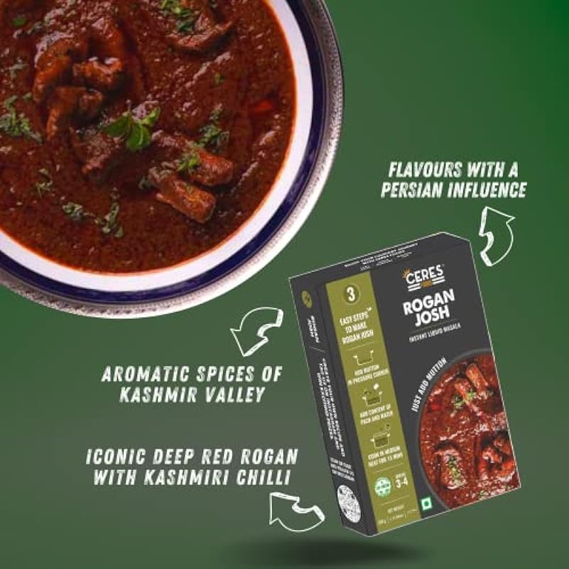 CERES FOODS Indian Kashmiri Rogan Josh Instant Liquid Masala Simmer Sauce Famous Mutton Curry from Kashmir India Just Add 35 Ounces of Mutton or Choice of Protein with the Curry, 200 gm