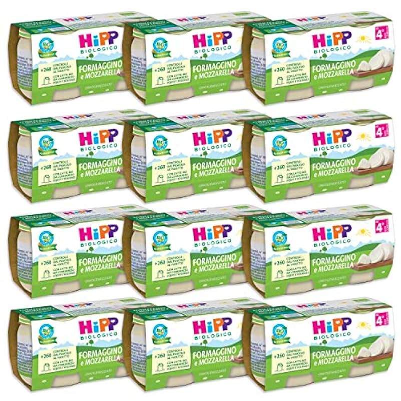 HiPP - Omogeneizzato Biologico per Neonati, Gusto Formaggino e Mozzarella, Senza glutine, 24 Vasetti da 80 g